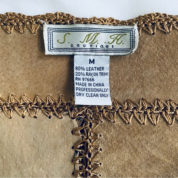 Vtg Boho Leather Shacket Jacket Crochet Patchwork Scalloped Hem Tan Leopard Sz M - Picture 13 of 13